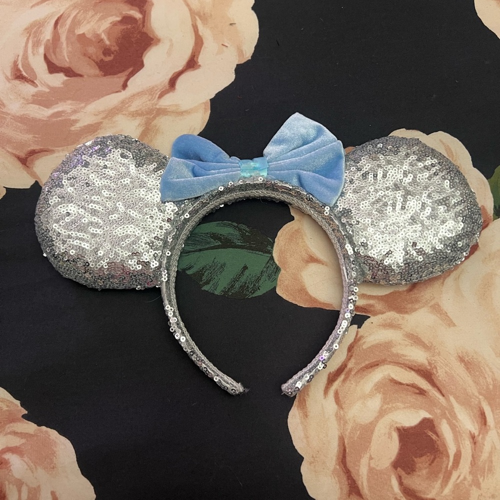 Disney Silver Sequin Ears With Blue Bow